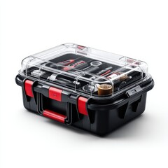 Black Toolbox with Clear Lid and Red Accents Filled with Tools