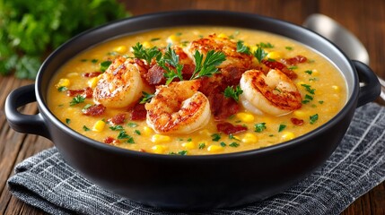 Shrimp corn chowder with bacon and parsley