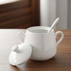 White Ceramic Covered Serving Dish with Spoon.