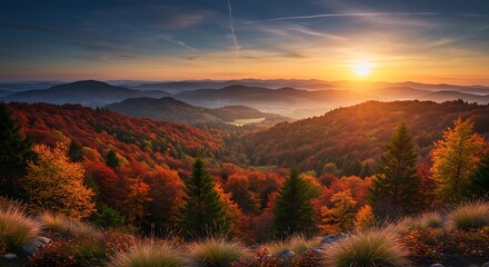 Scenic autumn landscape with vibrant foliage and golden sunset over mountain range
