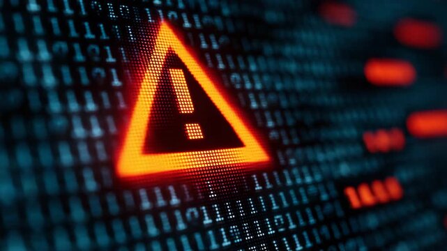cybersecurity warning symbol glowing danger sign on digital binary code background data breach alert hacking risk system error notification