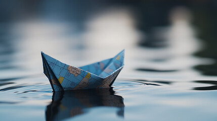 A small origami boat made from map paper floats calmly on rippling water, evoking a sense of adventure and exploration.