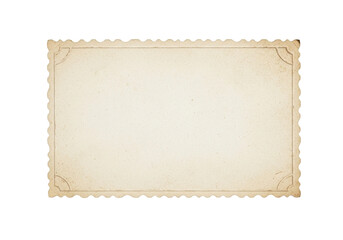 Empty, aged, distressed creamy beige photo print with decorative scalloped edges, grunge texture, on transparent background with soft shadow, copy space. Concept of vintage nostalgia