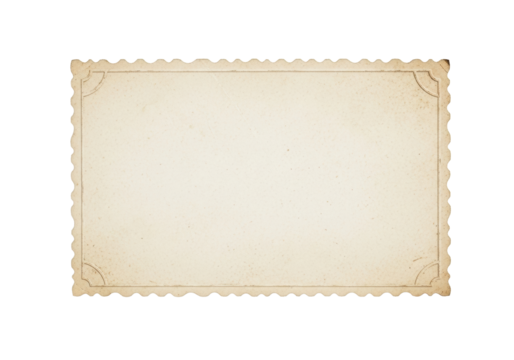 Empty, aged, distressed creamy beige photo print with decorative scalloped edges, grunge texture, on transparent background with soft shadow, copy space. Concept of vintage nostalgia