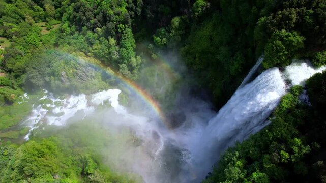 Italy Marmore Waterfall Aerial 4K Video Scenic Rainbow over Cascata delle Marmore Powerful Artificial Falls in Umbria Terni Biggest in Europe Hydroelectric Energy and Nature Travel Destination