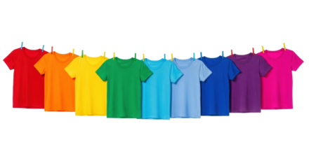 Plain cotton t-shirts in vibrant rainbow spectrum on white clothesline with colorful clothespins, transparent background, high-key studio light, concept of color diversity