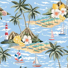 Fototapeta na wymiar Sand coast, beach, mountain, lounge chair, umbrella, sailboat, lighthouse, lemons, sea wave, hibiscus flower, island seamless pattern. Summer resort print.