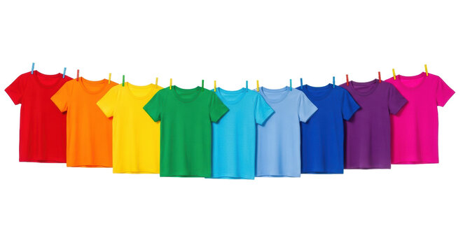 Plain cotton t-shirts in vibrant rainbow spectrum on white clothesline with colorful clothespins, transparent background, high-key studio light, concept of color diversity - Powered by Adobe