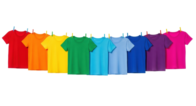 Plain cotton t-shirts in vibrant rainbow spectrum on white clothesline with colorful clothespins, transparent background, high-key studio light, concept of color diversity