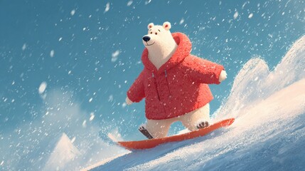 Polar bear enjoys snowboarding on a winter mountain slope with bright blue sky in background