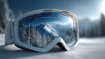 Snow goggles reflecting a serene winter landscape with majestic mountains and evergreen trees