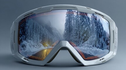 Ski goggles reflecting a snowy mountain road with tall trees and foggy weather