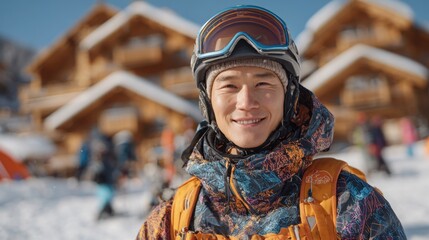 Smiling skier in colorful outfit at a snowy mountain resort with wooden chalets in background