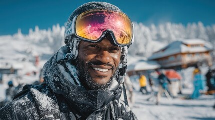 Snowy mountain adventure with a cheerful skier enjoying a sunny winter day