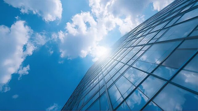 Looking up at modern office building with blue sky and clouds