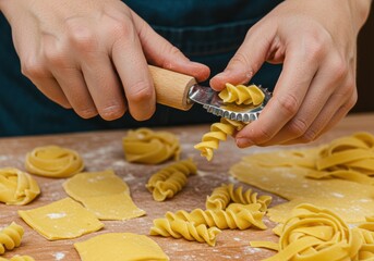 Making fresh pasta with a pasta cutter on a wooden surface.
