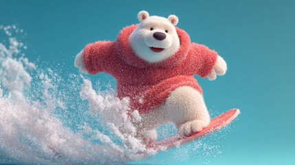 Polar bear on a surfboard enjoying the waves in a vibrant ocean setting during sunny weather