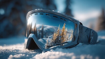 Reflective ski goggles showcase snow-covered forest during winter sunlight
