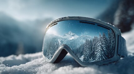 Snow-covered mountains reflecting in ski goggles at sunrise in a winter wonderland landscape
