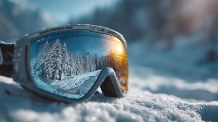 Snowy landscape reflected in goggles resting on fresh snow with a bright sunlight backdrop