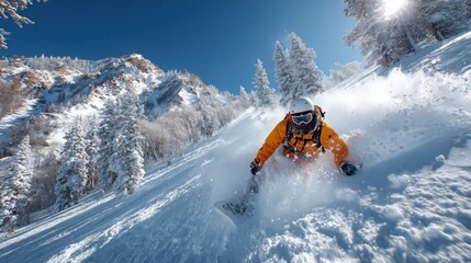 Snowboarder carving through fresh powder under clear blue skies in winter landscape