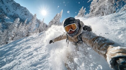 Snowboarder carving through fresh powder in stunning winter landscape