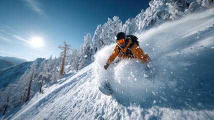 Snowboarder carving through fresh powder on a sunny winter day in snowy mountains
