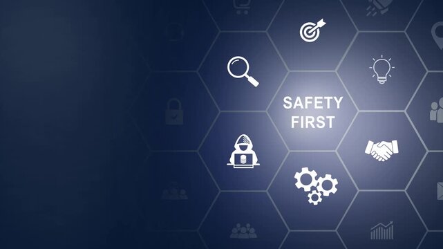Safety first symbols, work safety, caution work hazards, danger surveillance, zero accident concept. Wooden cubes with smart grey background. Employees safety awareness at workplace, icon background 