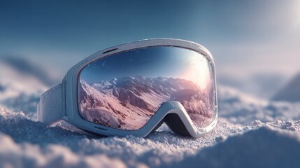 Ski goggles resting in fresh snow with a breathtaking mountain view in the background