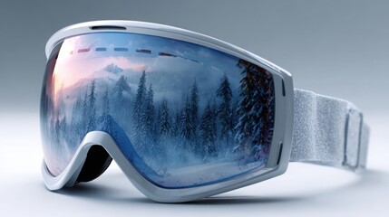 High-quality ski goggles with a scenic winter landscape reflection