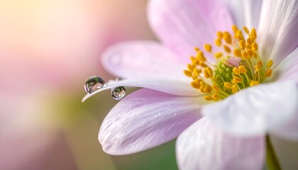 Delicate water droplets perched on a soft pink flower petal, showcasing a close-up view of the flower's intricate center with vibrant yellow stamens.