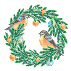 Christmas wreath with tits. Watercolor illustration. Tits, fir branches, balls, stars. Christmas, New Year, December. Winter holidays. Cozy. For printing on greeting cards, stickers, invitations © Сабина Жуковец