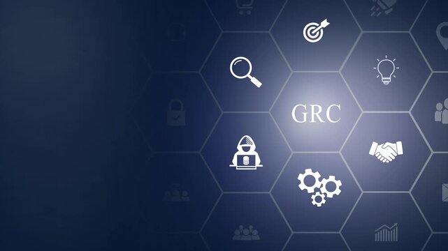 GRC Governance Risk and Compliance concept. Structuring way to align IT with business goals. Reduce wastage, increase efficiency, reduce noncompliance risk, share information icon background animation