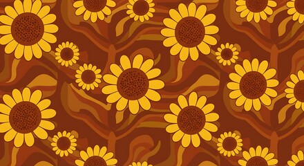 Floral pattern of sunflowers on a swirling brown backdrop vector design