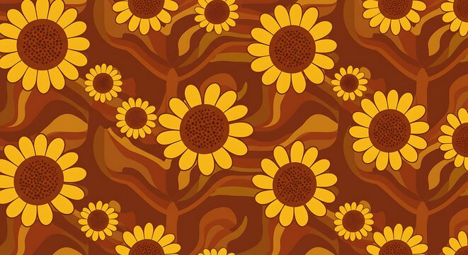 Floral pattern of sunflowers on a swirling brown backdrop vector design