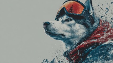 Husky dog in ski gear preparing for a snowy adventure in winter landscape