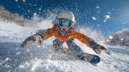 Young snowboarder enjoys a thrilling ride on a snowy slope under a clear blue sky