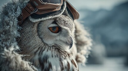 Owl wears goggles in a snowy landscape with a wintry backdrop and intense gaze