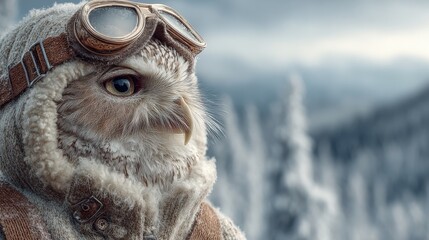 Owl in aviator goggles explores a snowy landscape during winter weather in a whimsical setting