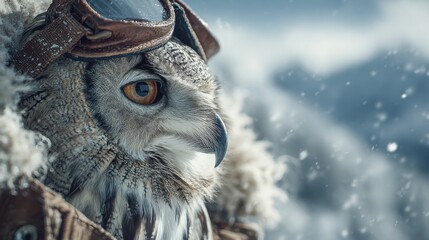 Owl wearing aviator goggles in snowy mountains showcasing a unique blend of nature and style