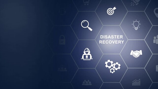 Disaster recovery concept. Restoring critical systems and data, backup and restoration procedures, proactive planning to mitigate risks and protect against potential, icon background animation