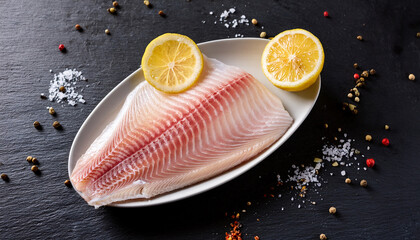 Raw Fish Tilapia Fillet With Spices And Lemon Slices