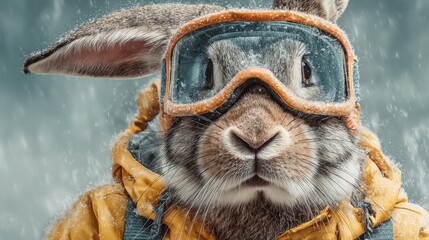 Rabbit in winter gear ready for skiing adventure in snowy landscape