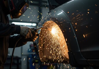 Welder working on a car in a repair shop
