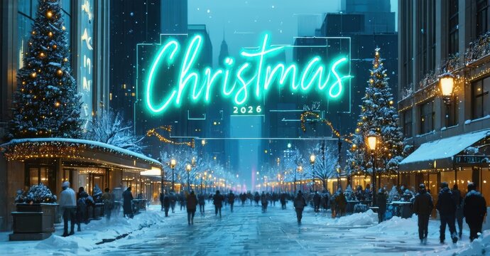 Festive city street scene. Snow covers buildings, people stroll amidst bright holiday lights, welcoming Christmas spirit.