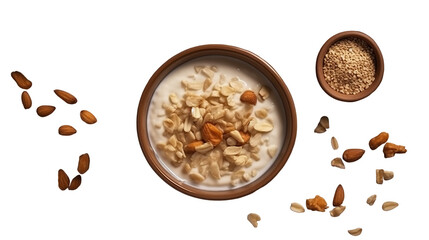 Top-down view of a bowl of oatmeal with almonds