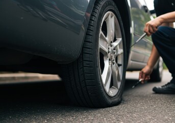 Man checking tire pressure on a car
