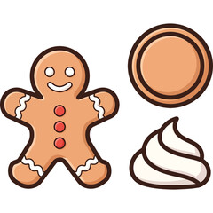 Cute Gingerbread Man Cookie Cartoon Illustration with Icing and Round Biscuit