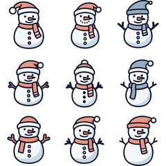 A charming collection of nine cute cartoon snowman characters. Festive winter and Christmas holiday icon set isolated on white.