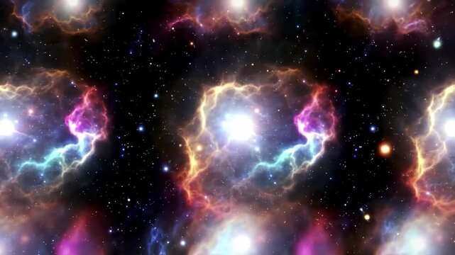Vibrant cosmic nebula background with bright stars and colorful gas clouds in deep space, featuring a repeating pattern of celestial formations.